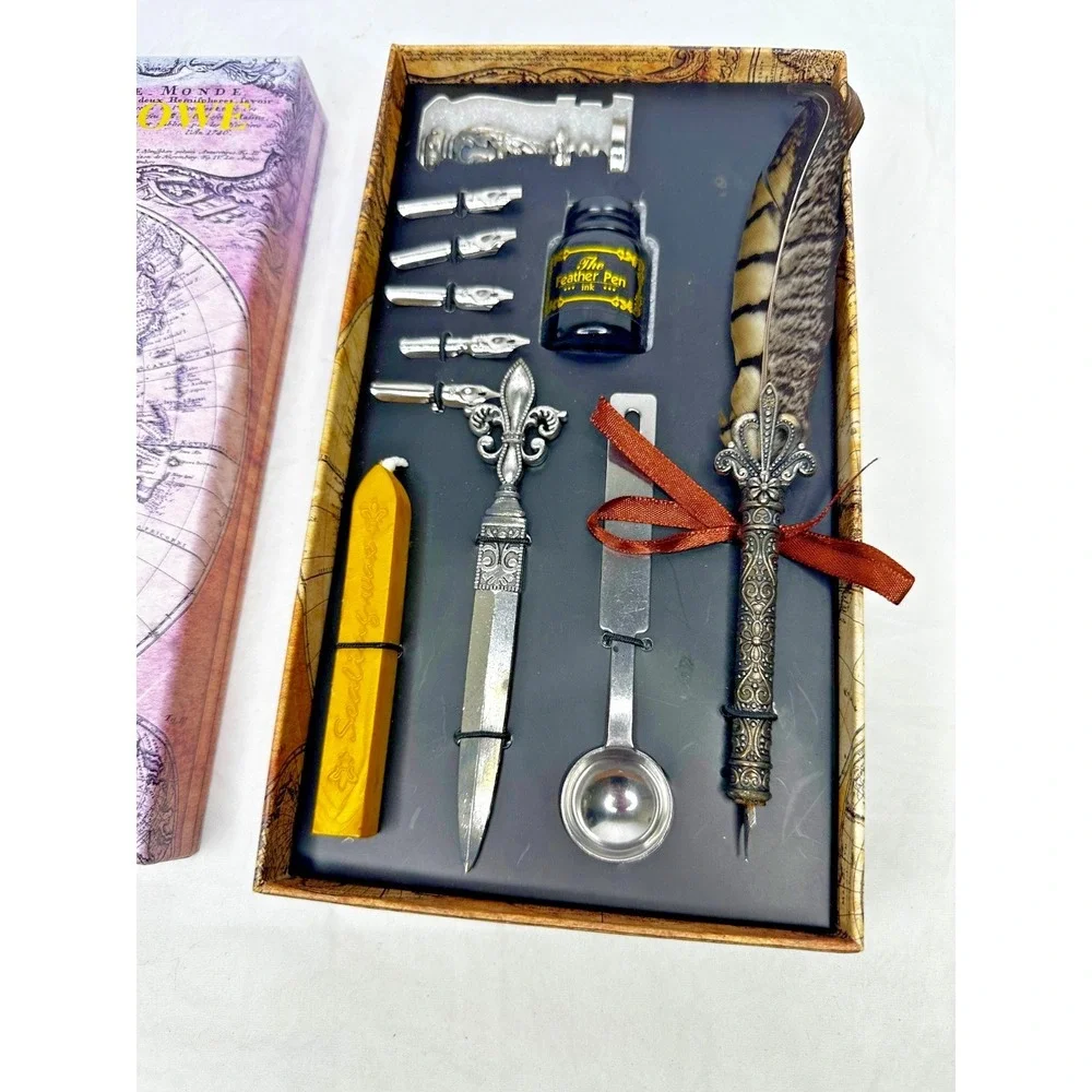 Calligraphy Set Feather Quill Dip Pen Ink 17 Nibs Wax Stamp Letter Opener